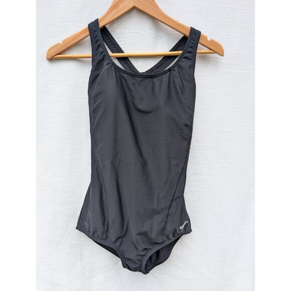 Speedo Womens PowerFlex Swimsuit 8 Black Racer Back Full Coverage Built In Bra - Picture 1 of 6